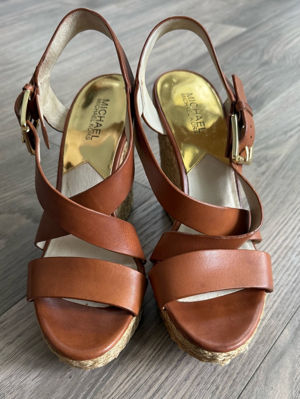 Michael Kors Tan Leather Espadrille Wedge Sandals